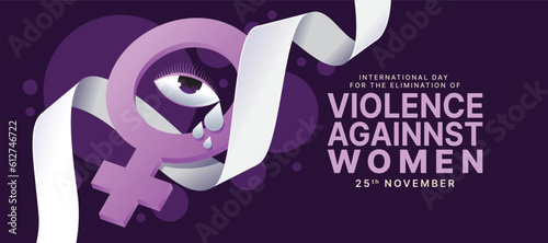 International Day for the Elimination of Violence Against Women - Crying eye on purple 3D female sign with white ribbon roll waving around vector design