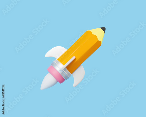Startup,creative idea for business or school.3d realistic pencil rocket 