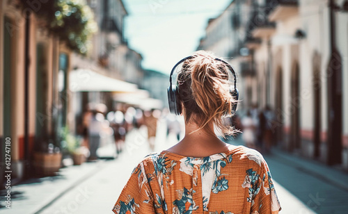 Ai generative. Back view stylish young woman wearing wireless headphones on her head