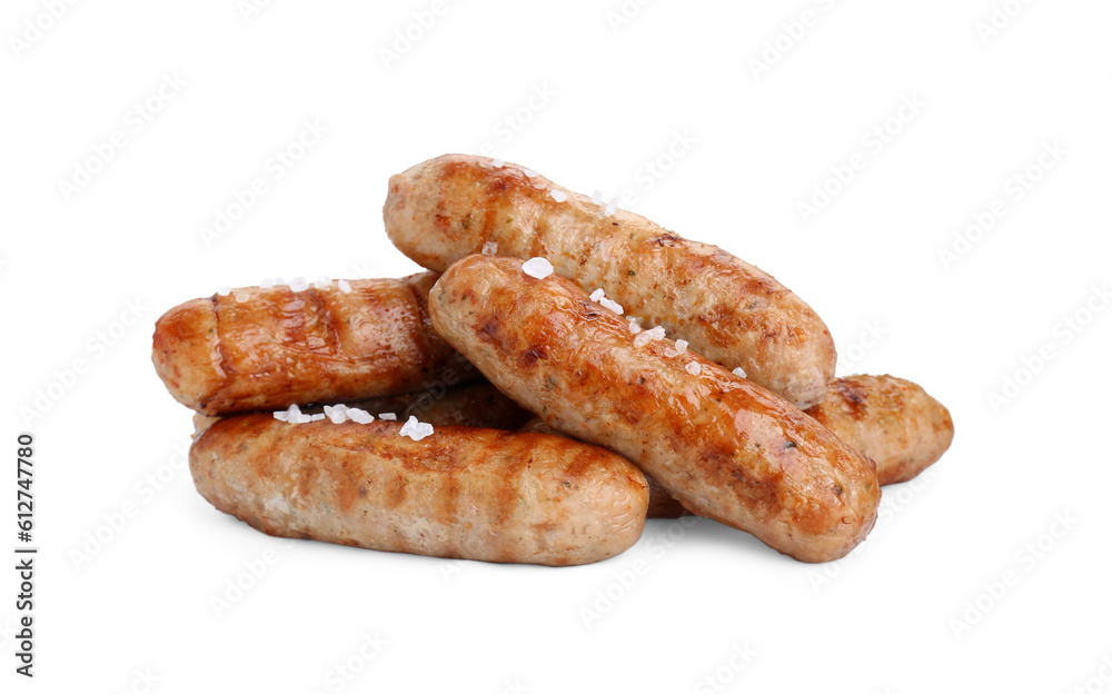 Tasty fresh grilled sausages with salt isolated on white Tasty fresh grilled sausages with salt isolated on white