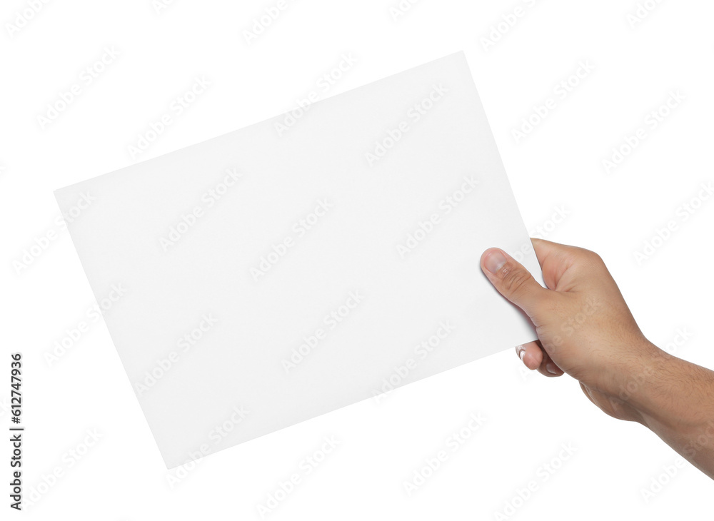 Man holding sheet of paper on white background, closeup. Mockup for design Man holding sheet of paper on white background, closeup. Mockup for design