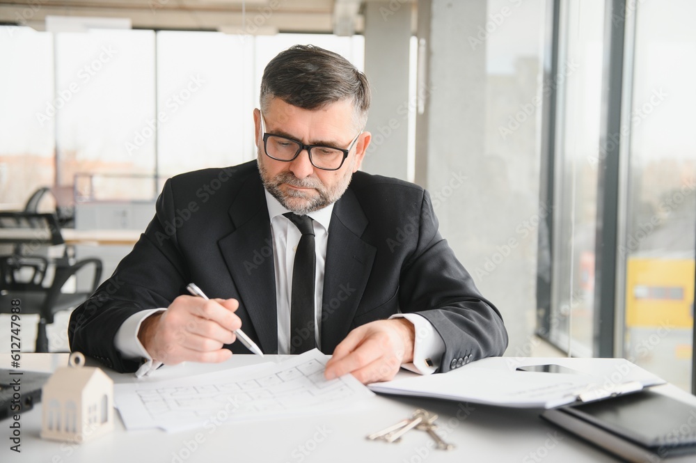 Realtor in suit sitting at desk in office. Realtor is showing apartment. Realtor in suit sitting at desk in office. Realtor is showing apartment.