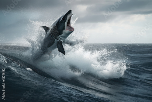 Action-packed shot of a great white shark leaping out of the water, showing off its incredible power and agility. Danger at its most exciting. AI Generative. © sorapop