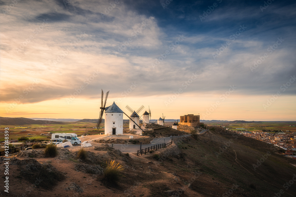 Sunset landscapes of Don Quixote windmills in Consuegra, Toledo, Spain