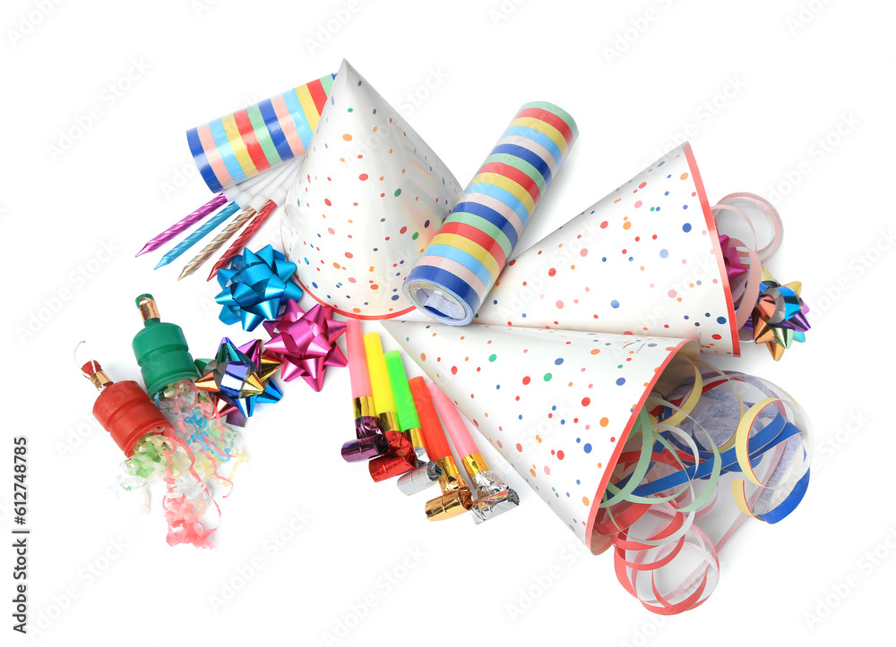 Fototapeta premium Party crackers and different festive items on white background