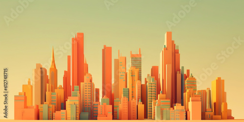 Panoramic cityscape in cyberpunk futuristic style. Towering skyscrapers in neon retrowave colors. Generative AI