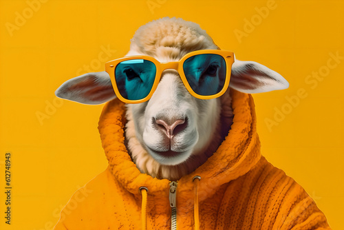 Cool cool sheep or ram in sunglasses and a knitted sweater. Generative AI. 