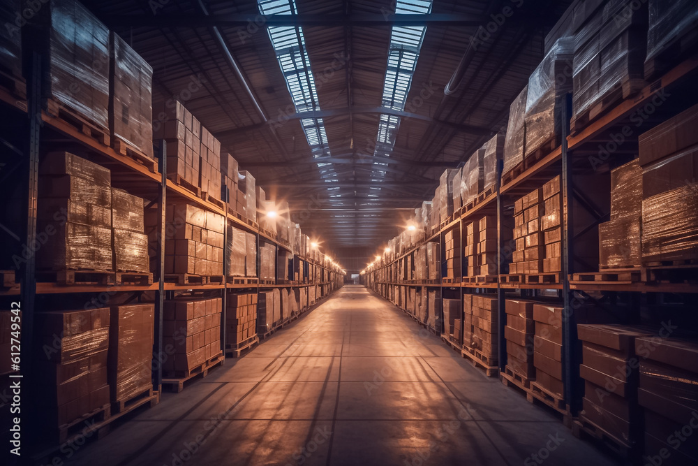 the tranquil atmosphere of a beautifully maintained indoor warehouse, where gentle sunlight cascades through the windows. Generative AI. the tranquil atmosphere of a beautifully maintained indoor warehouse, where gentle sunlight cascades through the windows. Generative AI.