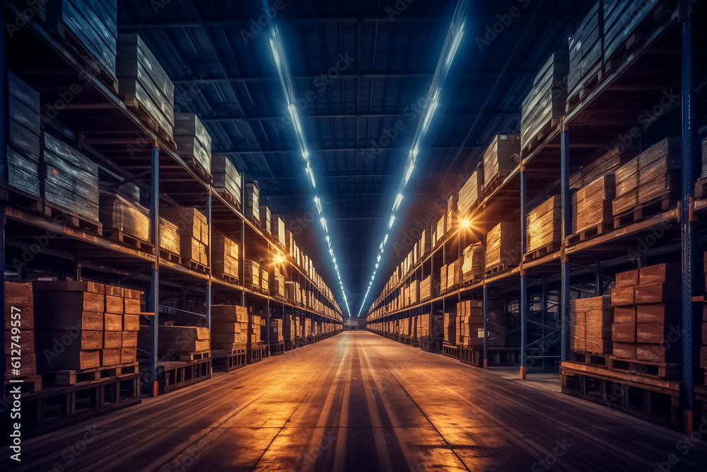 the tranquil atmosphere of a beautifully maintained indoor warehouse, where gentle sunlight cascades through the windows. Generative AI. the tranquil atmosphere of a beautifully maintained indoor warehouse, where gentle sunlight cascades through the windows. Generative AI.