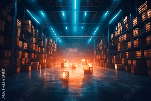 the tranquil atmosphere of a beautifully maintained indoor warehouse, where gentle sunlight cascades through the windows. Generative AI.