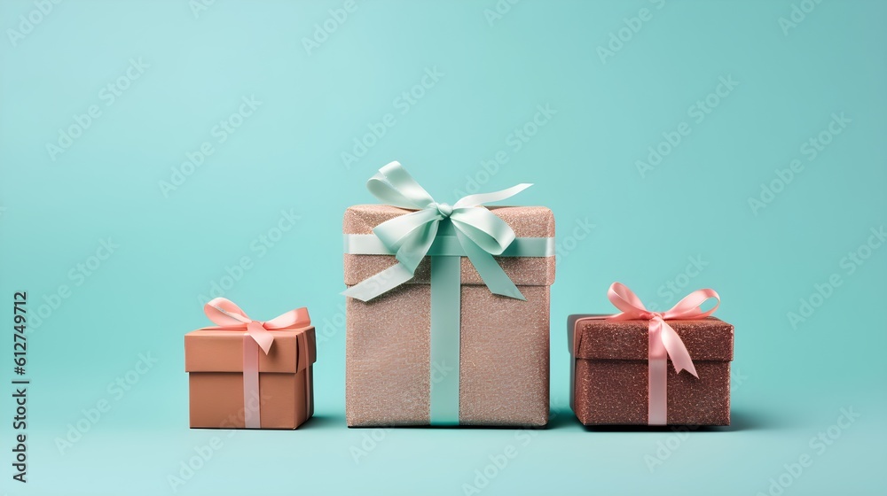 Fototapeta premium 3 cadeaux alignés sur fond bleu