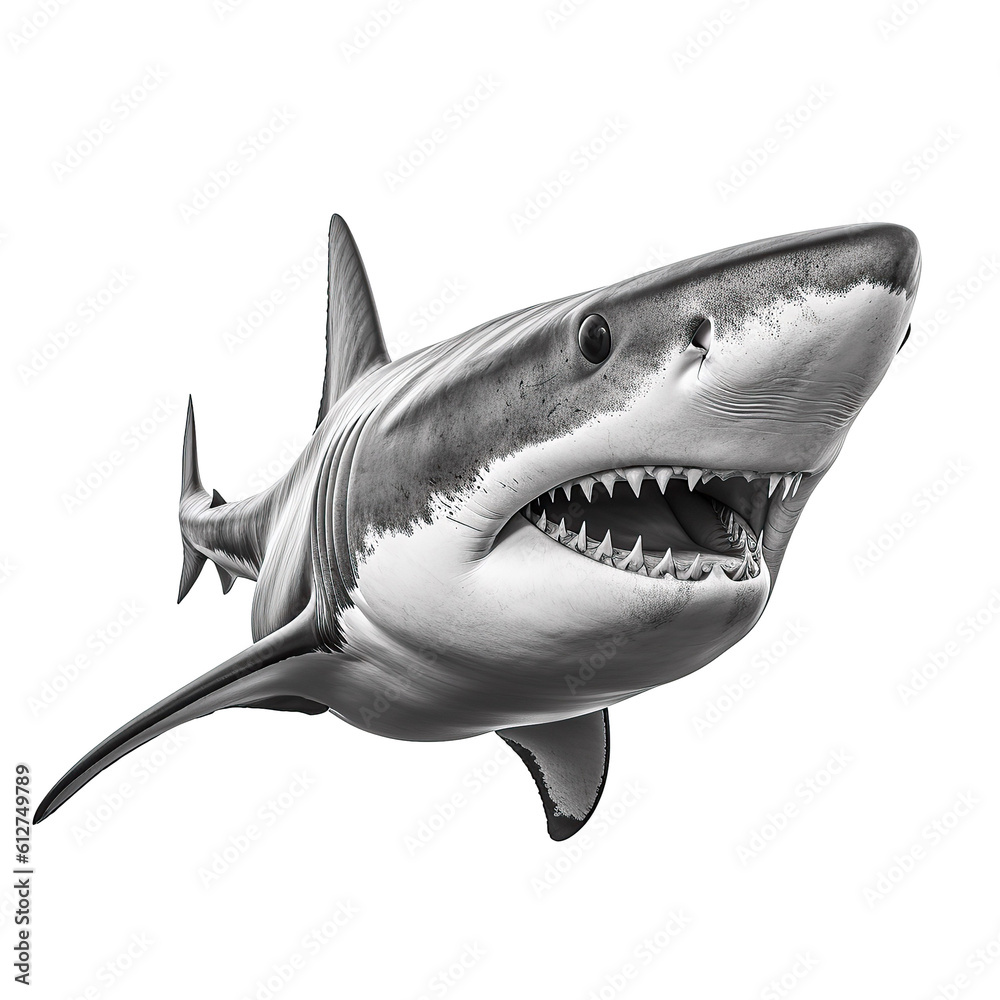 Fototapeta premium A picture of a shark with its mouth open, isolated on a white background, the teeth underneath are clearly visible