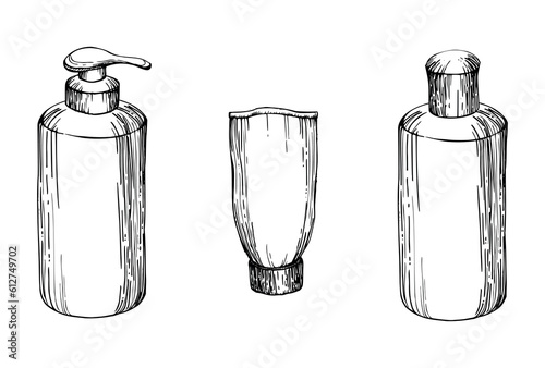 Hand drawn vector ink spa skincare bath beauty bottle and dispencer products package. Isolated object on white background. Design for wall art, wellness resort, print, fabric, cover, card, booklet.