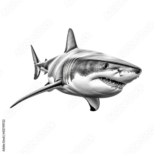 A picture of a shark with its mouth open  isolated on a white background  the teeth underneath are clearly visible