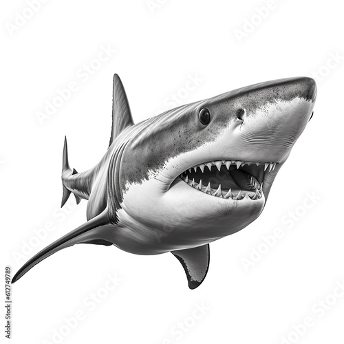 A picture of a shark with its mouth open  isolated on a white background  the teeth underneath are clearly visible