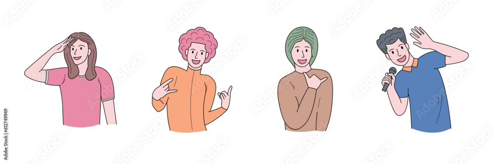People characters portrait illustration. Set of male and female in different poses, smile, happy, singing, confident, hairstyle and clothes. Minimal style young adults for ads, print, decorative. People characters portrait illustration. Set of male and female in different poses, smile, happy, singing, confident, hairstyle and clothes. Minimal style young adults for ads, print, decorative.