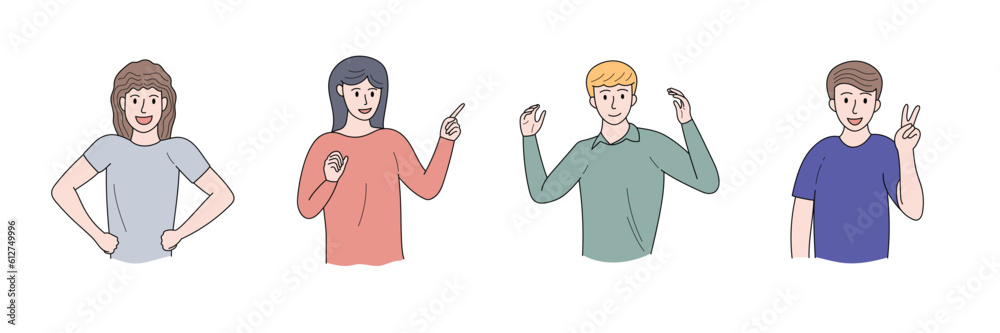 People characters portrait illustration. Set of male and female in different poses, smile, happy, pointing, raise hands, hairstyle and clothes. Minimal style young adults for ads, print, decorative. People characters portrait illustration. Set of male and female in different poses, smile, happy, pointing, raise hands, hairstyle and clothes. Minimal style young adults for ads, print, decorative.