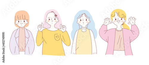 Cute people characters portrait illustration. Set of female in different poses, smile, surprising, pointing, confident, hairstyle and clothes. Minimal style young adults for ads, prints, decorative.