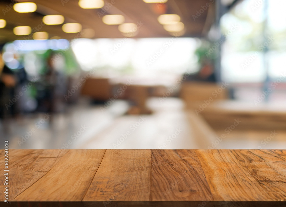 Wooden board empty table in front of blurred background. Perspective brown wood over blur in coffee shop - can be used for display or montage your products. Mock up for display of product.