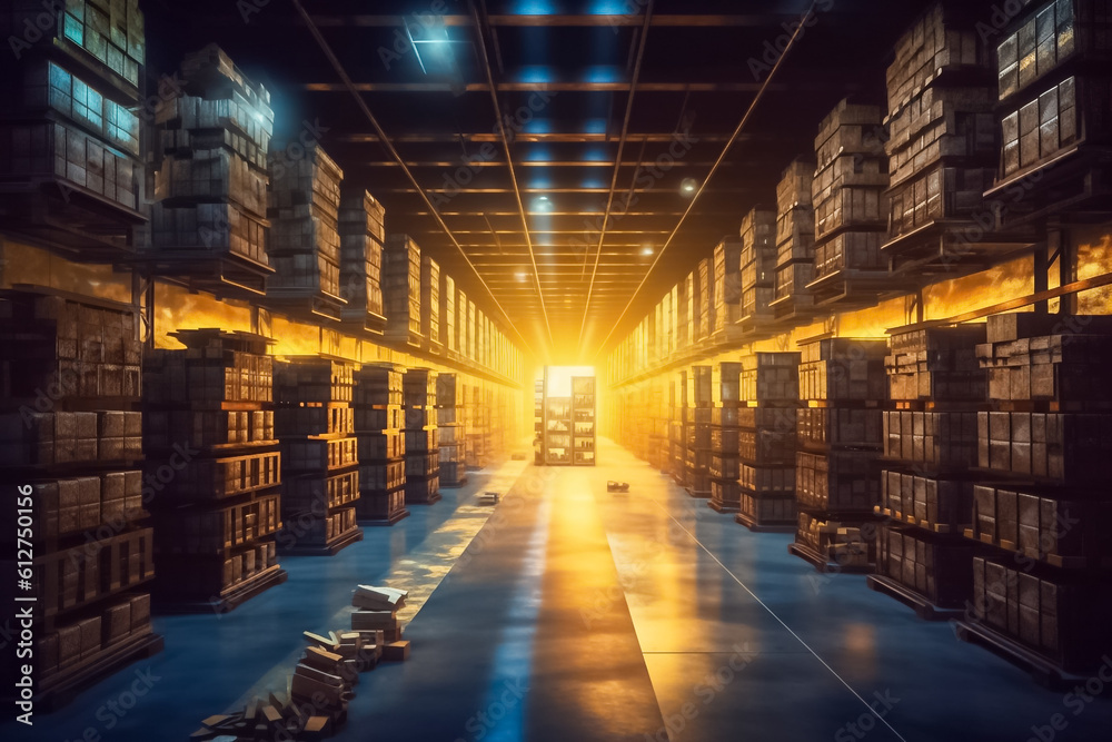 the enchanting allure of a spotless indoor warehouse, where a combination of low ambient light and gentle sunlight pouring in from the windows creates a serene and inviting environment. Generative AI.