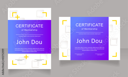 Memberships certificate design template set. Vector diplomas with customized copyspace and borders. Printable documents for awards and recognition. Arial Bold, Calibri Regular fonts used