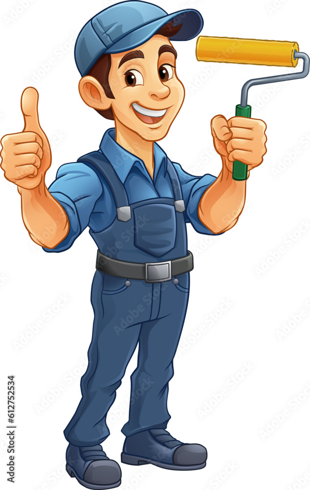 A painter decorator handyman cartoon construction man mascot character holding a paint roller tool A painter decorator handyman cartoon construction man mascot character holding a paint roller tool