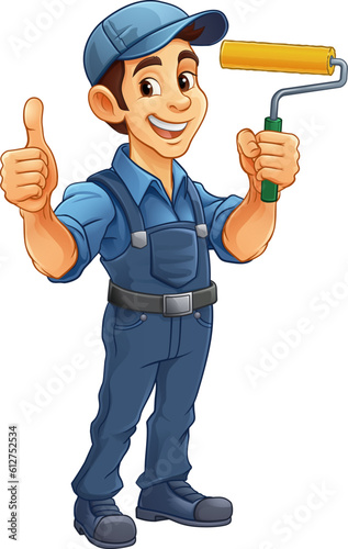 A painter decorator handyman cartoon construction man mascot character holding a paint roller tool