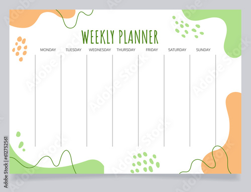 Weekly planner worksheet design template. Blank printable goal setting sheet. Time management sample. Scheduling page for organizing personal tasks. Amatic SC Bold, Oxygen Regular fonts used photo