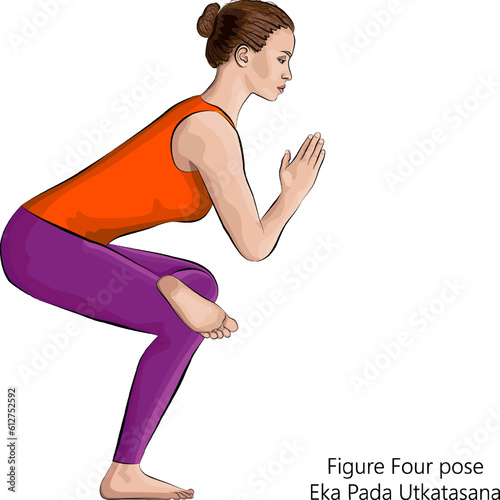 Young woman practicing yoga exercise, doing Figure Four pose or Standing Pigeon or One Legged Chair pose. Eka Pada Utkatasana. Standing and Balancing. Vector illustration isolated on white background.