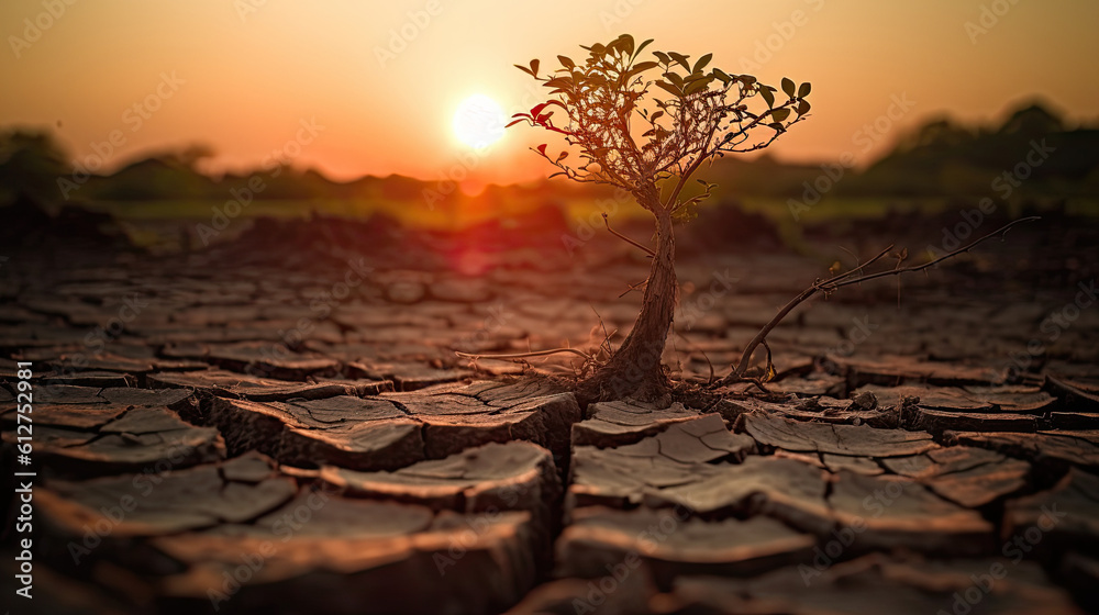 Dry soil with tree in the sunset. Global warming concept.
