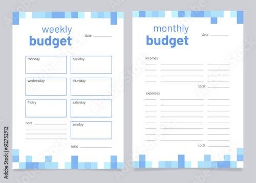 Planning budget worksheet design template. Blank printable goal setting sheet. Time management sample. Editable 2 paper pages for organizing personal tasks. Barlow Bold, Oxygen Regular fonts used