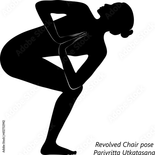 Flat black silhouette of young woman practicing yoga, doing Revolved Chair pose. Parivritta Utkatasana. Standing and Twist. Beginner. Vector illustration isolated on transparent background.