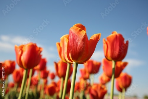 Beautiful red tulip flowers growing against blue sky, closeup © New Africa