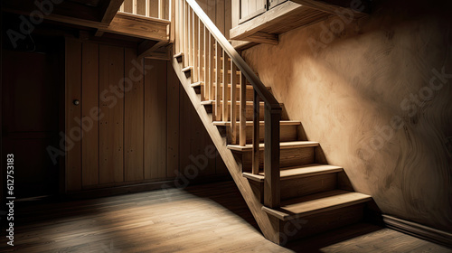 Wooden staircase in the modern interior on a suuny day with daylight photo