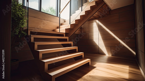 Wooden stairs in a modern house with daylight and shadows on the wall.
