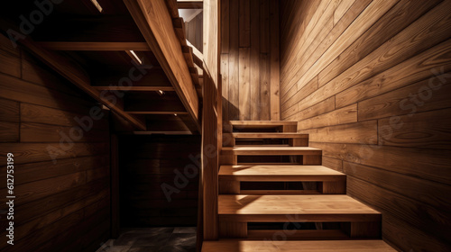 Wooden stairs in a modern wooden house on a sunny day with daylight.