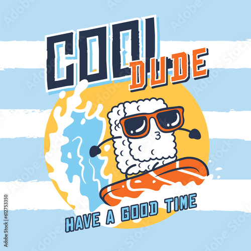 Cute sushi surfing cartoon surfing icon illustration