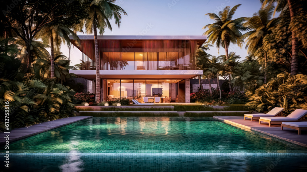 Architectural Masterpiece: Unveiling the Timeless Elegance and Tranquil Aesthetics of a 3D Rendered Home and Pool Villa, Blending Harmoniously the Boundaries Between Indoor and Outdoor Spaces