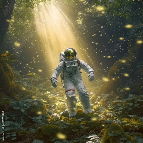 Ray of sunshine of surreal science fiction scene showing astronaut levitating in lush forest. Generate ai.