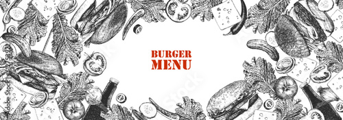 Burger Menu. Hand-drawn illustration of dishes and products. Ink. Vector 