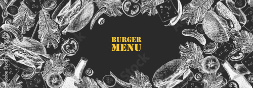 Burger Menu. Hand-drawn illustration of dishes and products. Ink. Vector 