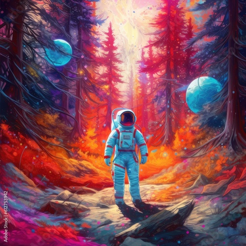 An astronaut in the forest. Colorful background, suitable for T-shirts, posters, postcards and books. Sci fi and fantasy concept. Generate ai.