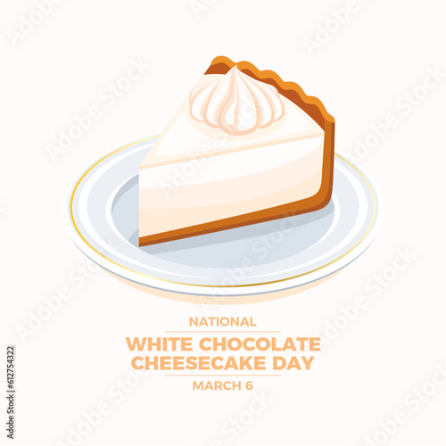 National White Chocolate Cheesecake Day vector illustration. Piece of white chocolate cake on a plate icon vector. Slice of white chocolate cake with whipped cream drawing. March 6 every year