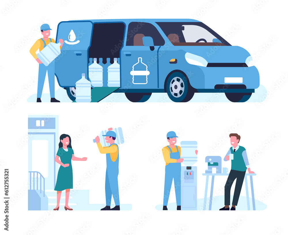 Purified water delivery service to office and home. Worker changing bottle of cooler. Courier automobile van. Man carrying plastic aqua canisters. Bottled liquid shipping. png concept