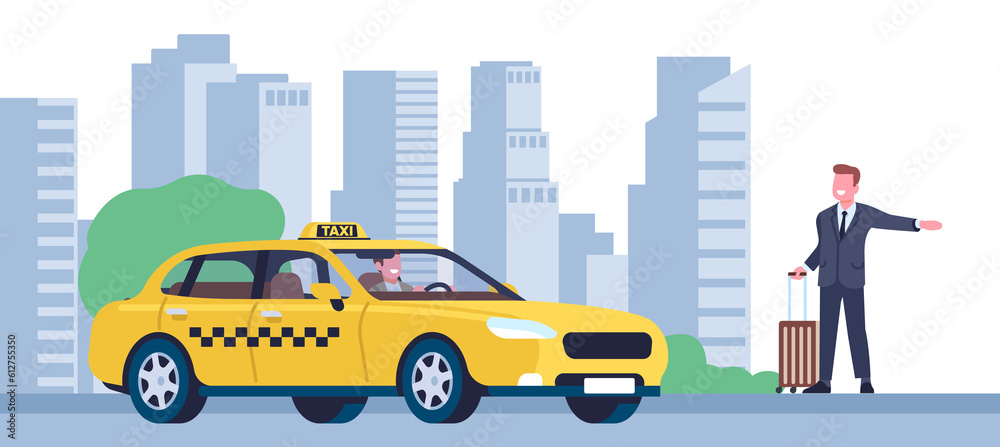 Man tries to catch taxi in street by raising his hand. Cab calling. Transportation by automobile. Car driver and passenger. Businessman in suit with baggage. Auto service. png concept