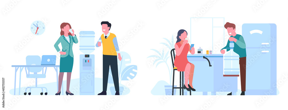 People drink water in office and home. Employees standing near cooler. Couple with beverage cups in kitchen. Plastic bottle. Aqua dispenser. Man and woman quenching thirst png set