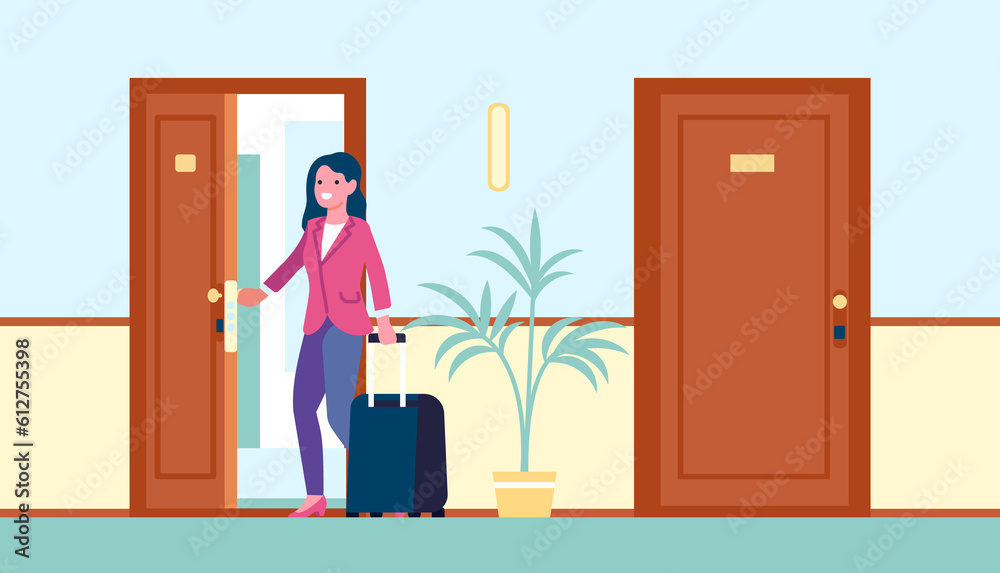 Fototapeta premium Woman tourist with suitcase walks into hotel room. Female opening door with electronic key. Traveler accommodation in motel. Hostel corridor interior. Guests baggage. png concept