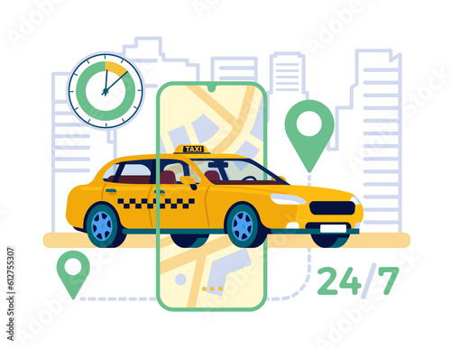 Online taxi calling service on mobile app. Yellow vehicle and location on map. Cab order application. Automobile city transportation. Car driving route and time tracking. png concept