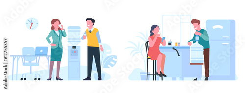 People drink water in office and home. Employees standing near cooler. Couple with beverage cups in kitchen. Plastic bottle. Aqua dispenser. Man and woman quenching thirst png set