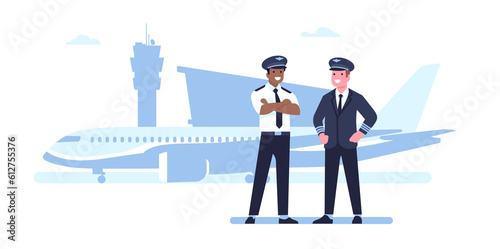 Two pilots in front of passenger plane. Airport staff. Airplane captain. Transportation by air. Standing men in uniform. Aviators occupation. Commercial aircraft flight. png concept